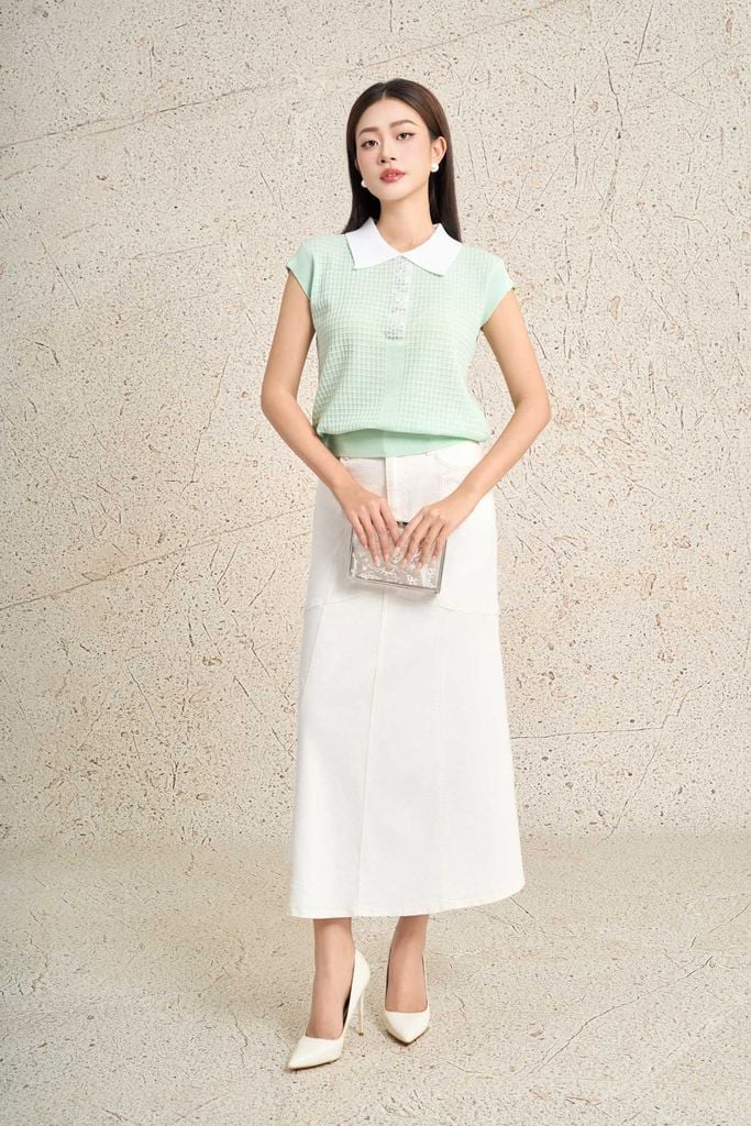 FOL591 - Áo len dệt kim cao cấp dáng suông cổ bẻ tay chờm cổ áo đính đá thời trang gấu áo bo chun ôm tạo kiểu - PANTIO