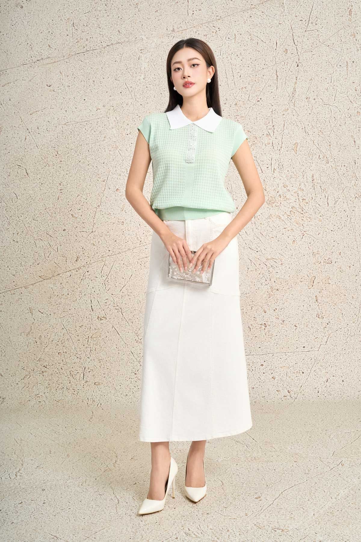 FOL591 - Áo len dệt kim cao cấp dáng suông cổ bẻ tay chờm cổ áo đính đá thời trang gấu áo bo chun ôm tạo kiểu - PANTIO