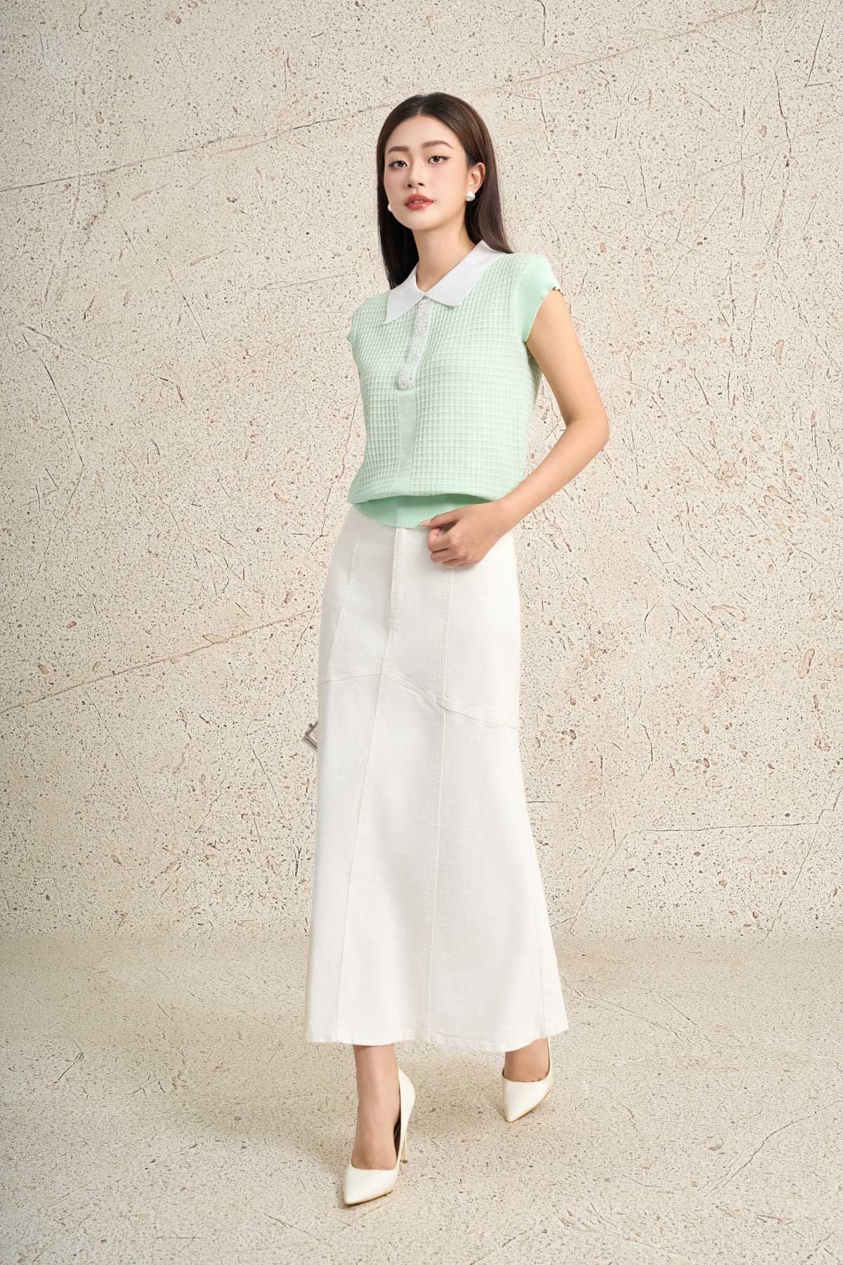 FOL591 - Áo len dệt kim cao cấp dáng suông cổ bẻ tay chờm cổ áo đính đá thời trang gấu áo bo chun ôm tạo kiểu - PANTIO