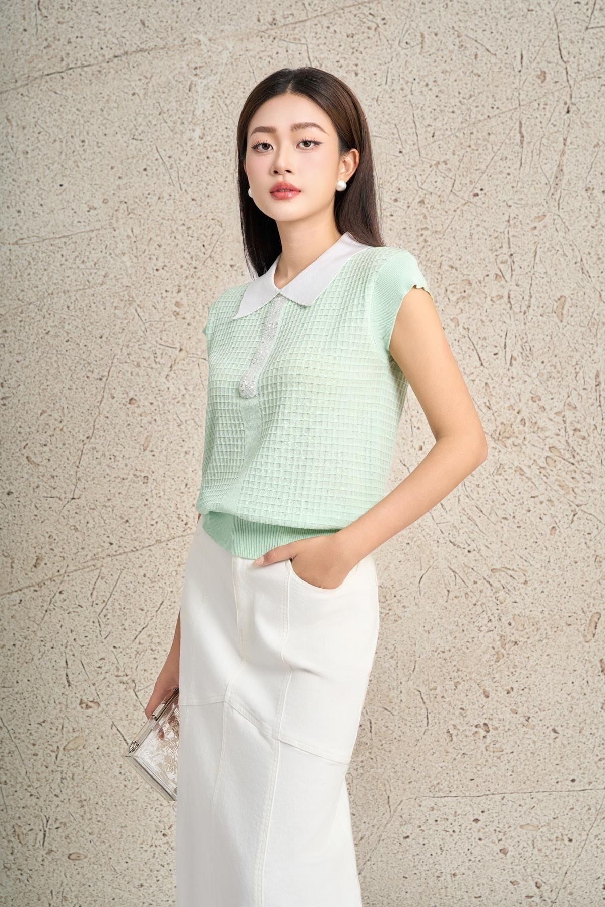 FOL591 - Áo len dệt kim cao cấp dáng suông cổ bẻ tay chờm cổ áo đính đá thời trang gấu áo bo chun ôm tạo kiểu - PANTIO