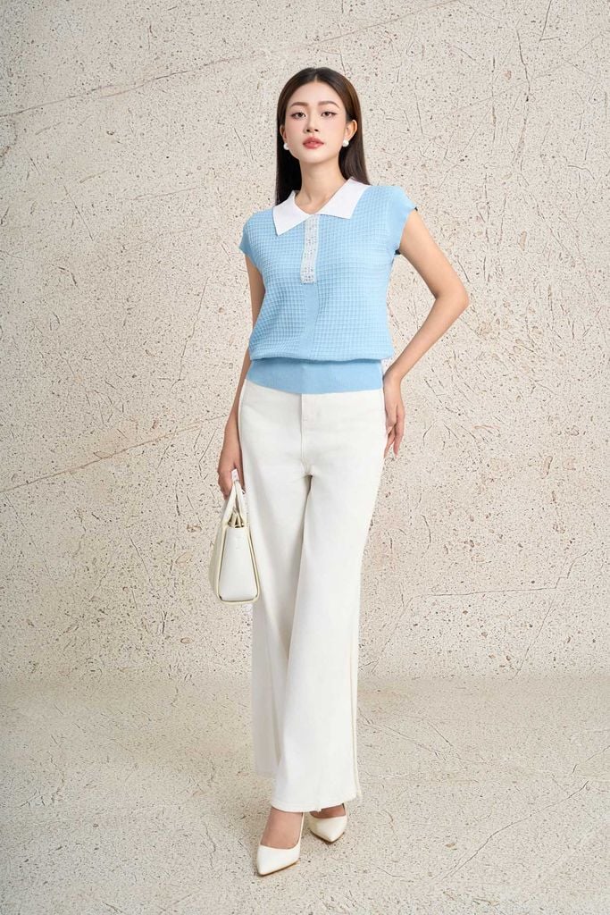 FOL591 - Áo len dệt kim cao cấp dáng suông cổ bẻ tay chờm cổ áo đính đá thời trang gấu áo bo chun ôm tạo kiểu - PANTIO