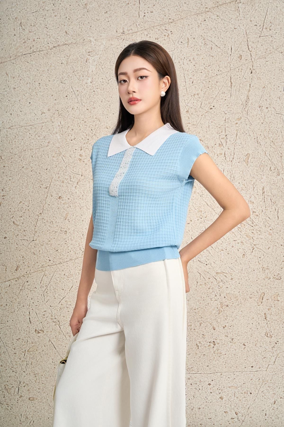 FOL591 - Áo len dệt kim cao cấp dáng suông cổ bẻ tay chờm cổ áo đính đá thời trang gấu áo bo chun ôm tạo kiểu - PANTIO