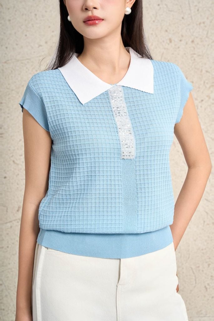 FOL591 - Áo len dệt kim cao cấp dáng suông cổ bẻ tay chờm cổ áo đính đá thời trang gấu áo bo chun ôm tạo kiểu - PANTIO