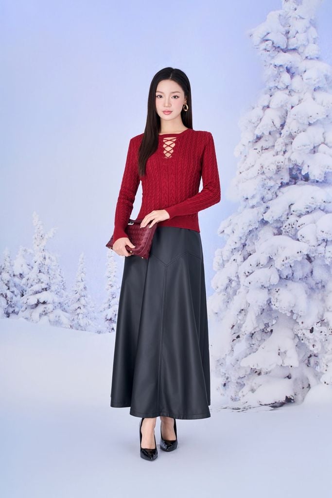 FJD71226 - Chân váy vải da dáng xoè dài khoá thân sau thời trang - PANTIO