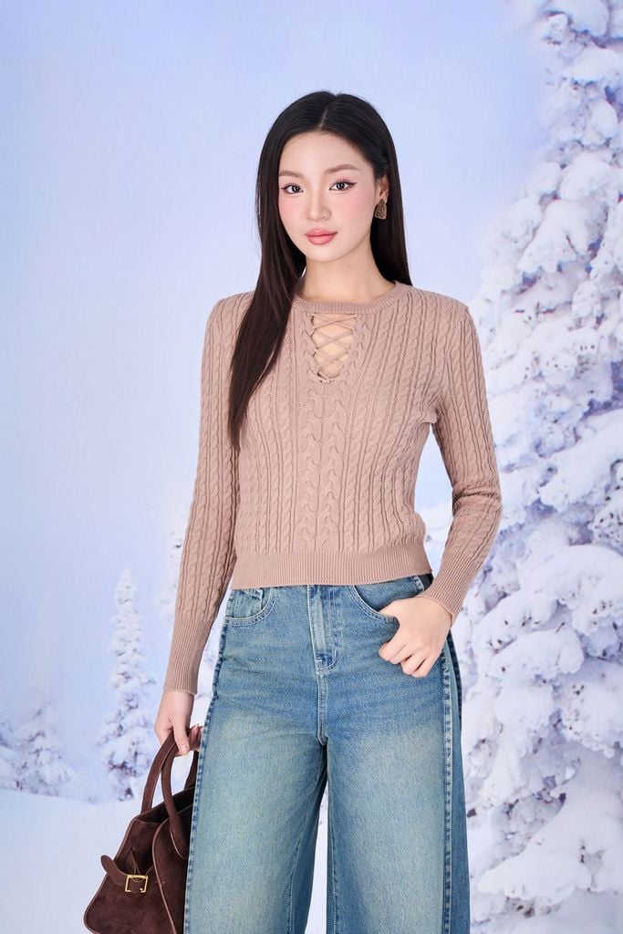 FOL594 - Áo len cao cấp dáng ôm vải len cổ tròn đan dây thời trang gấu áo bo chun tạo kiểu - PANTIO