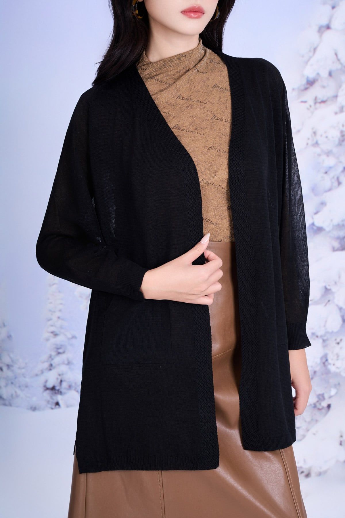 FOL601 - Áo khoác len mỏng dáng suông tay dài bên hông xẻ tà thời trang - PANTIO