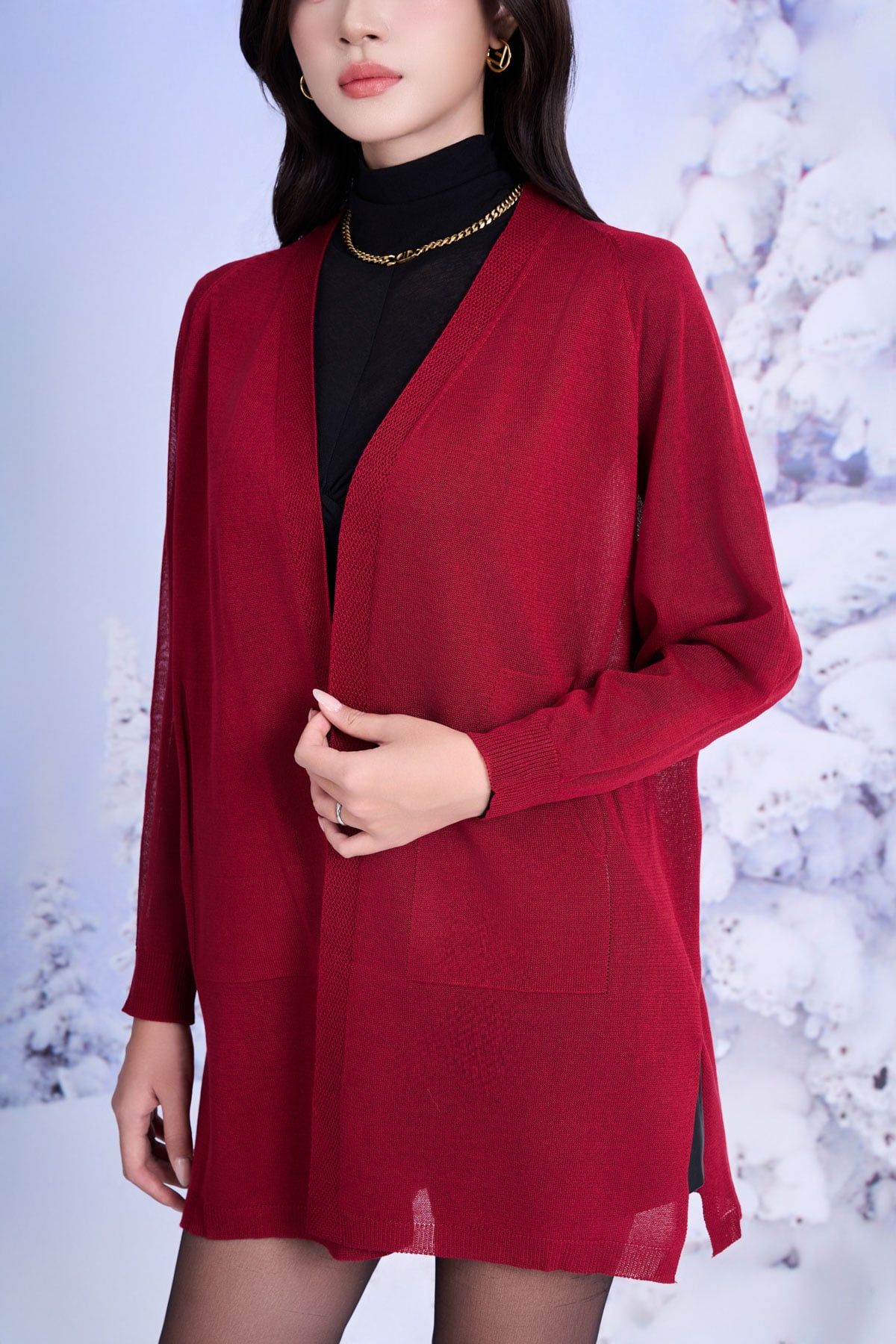 FOL601 - Áo khoác len mỏng dáng suông tay dài bên hông xẻ tà thời trang - PANTIO