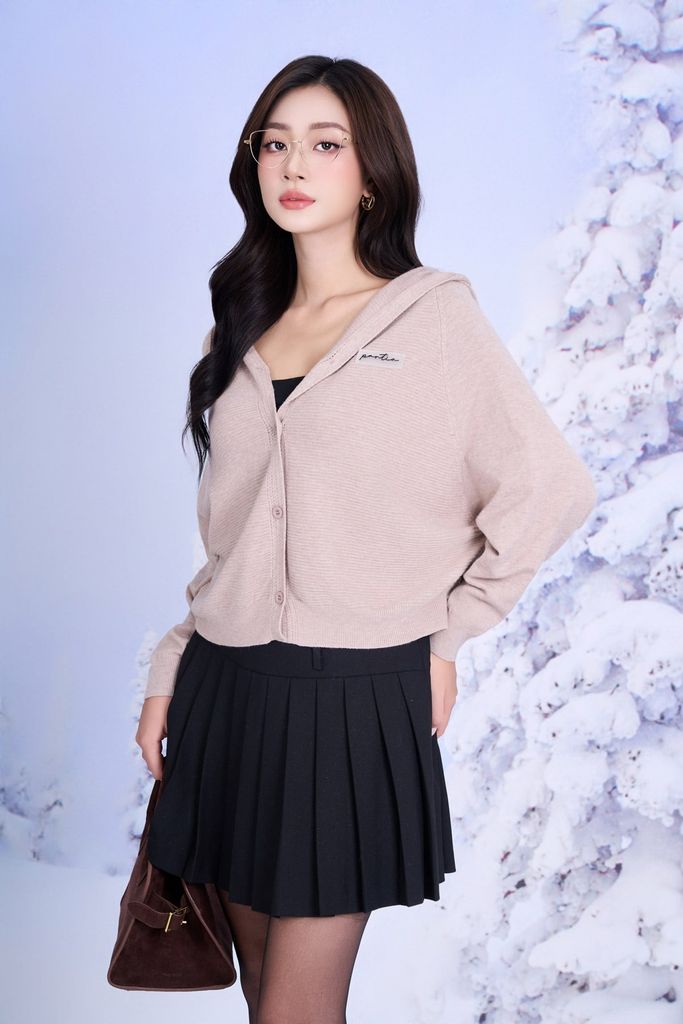 FOL602 - Áo khoác len mỏng dáng ngắn cổ chữ V có mũ tay áo cánh dơi thời trang cài khuy trước - PANTIO