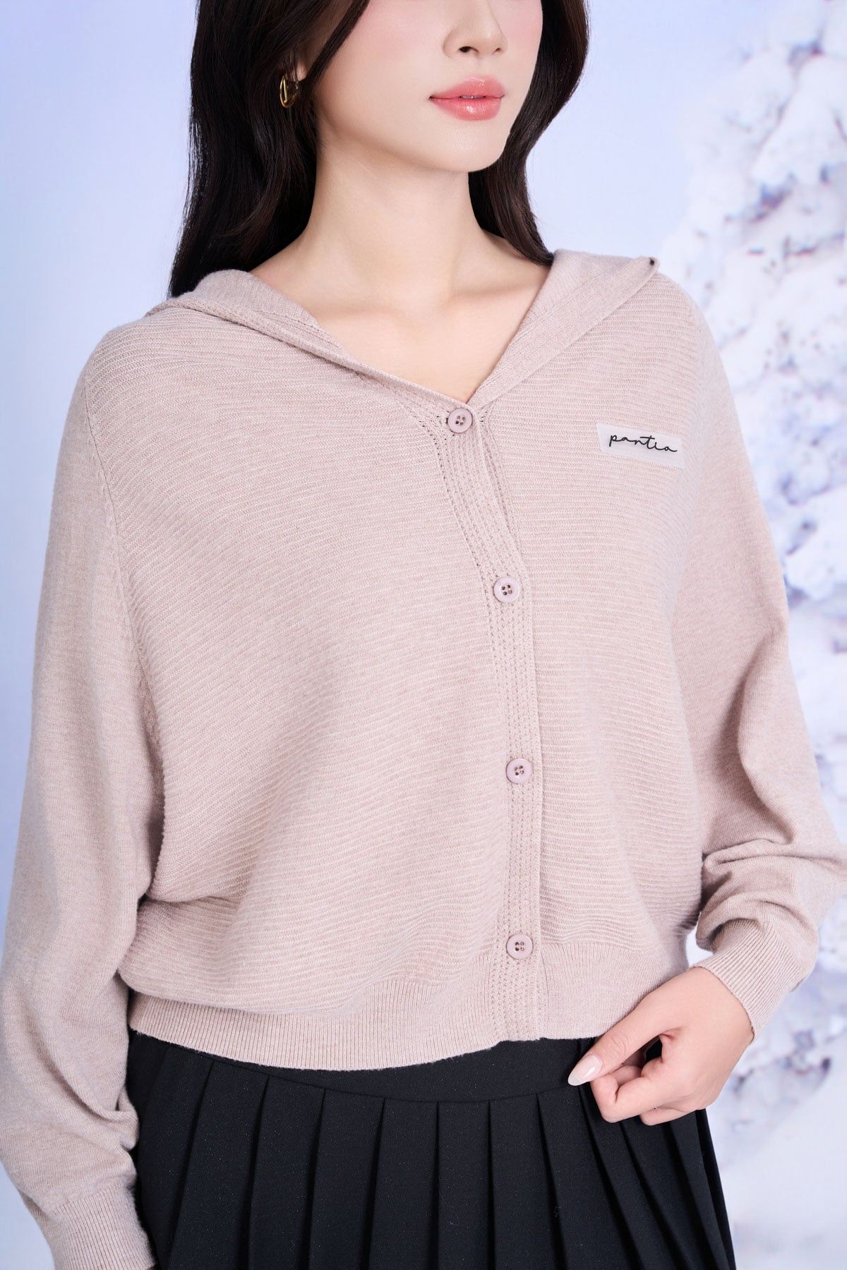 FOL602 - Áo khoác len mỏng dáng ngắn cổ chữ V có mũ tay áo cánh dơi thời trang cài khuy trước - PANTIO