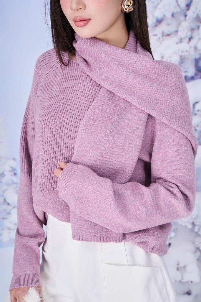 FOL610 - Áo len cao cấp dáng suông cổ thuyền kèm khăn quàng tạo kiểu - PANTIO