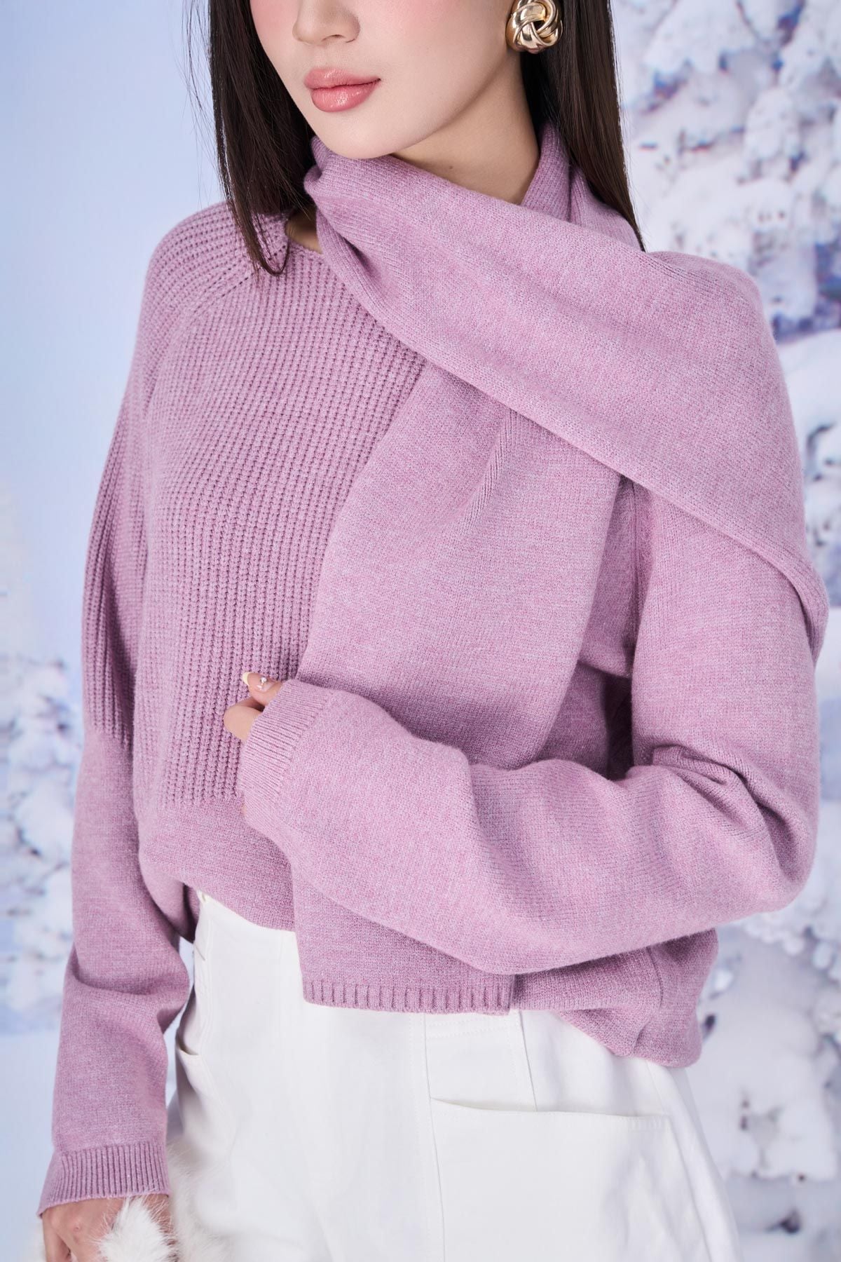 FOL610 - Áo len cao cấp dáng suông cổ thuyền kèm khăn quàng tạo kiểu - PANTIO