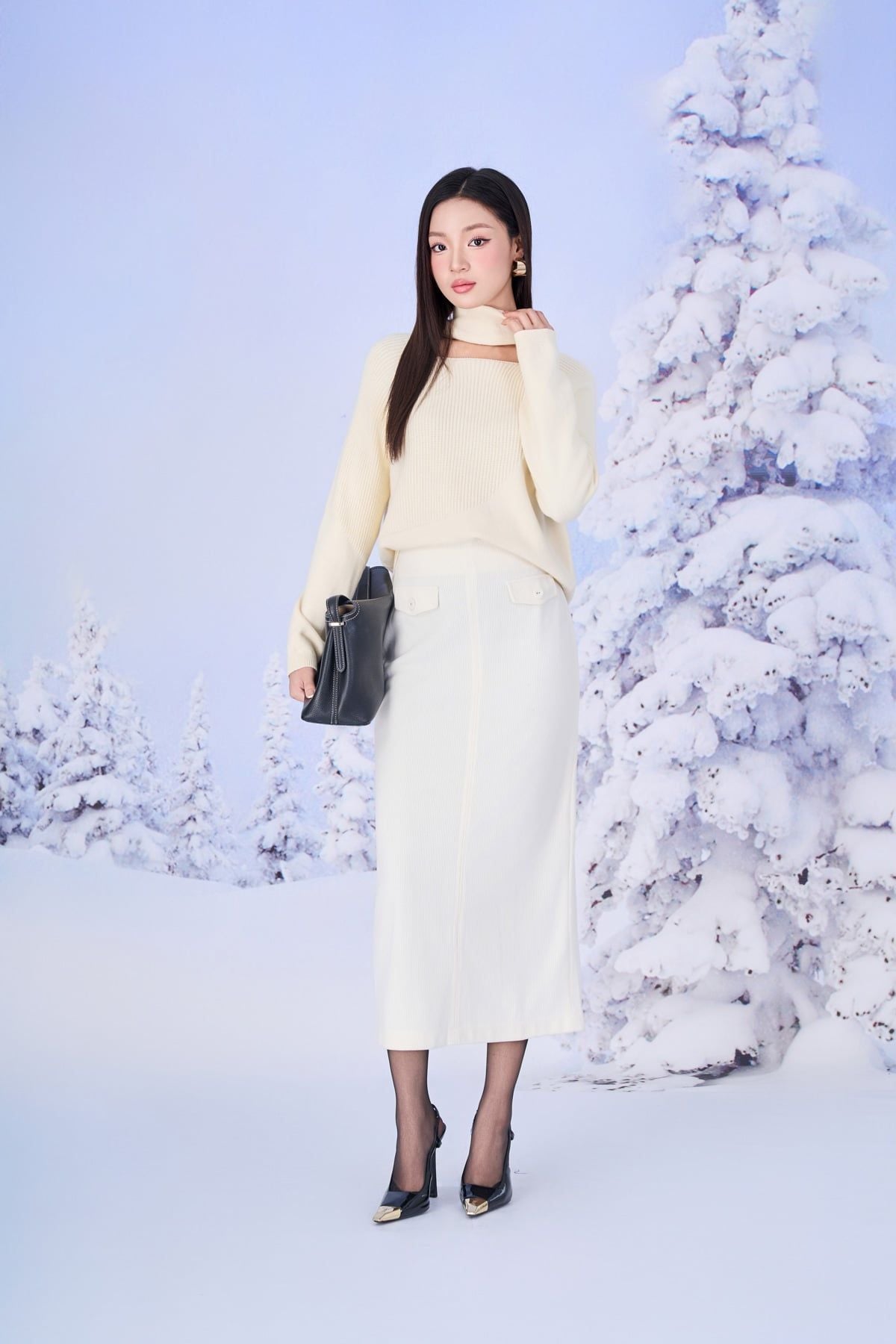 FOL610 - Áo len cao cấp dáng suông cổ thuyền kèm khăn quàng tạo kiểu - PANTIO