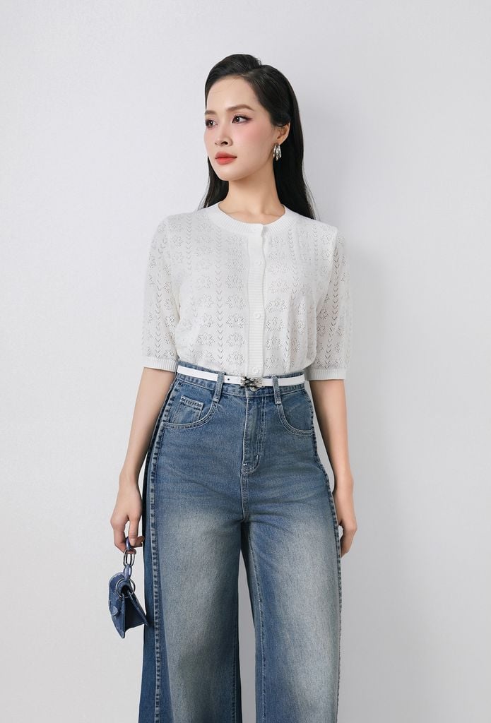 FOL612 - Áo len dệt kim cao cấp dáng suông cổ tròn tay lỡ thân áo phối khuy thời trang - PANTIO