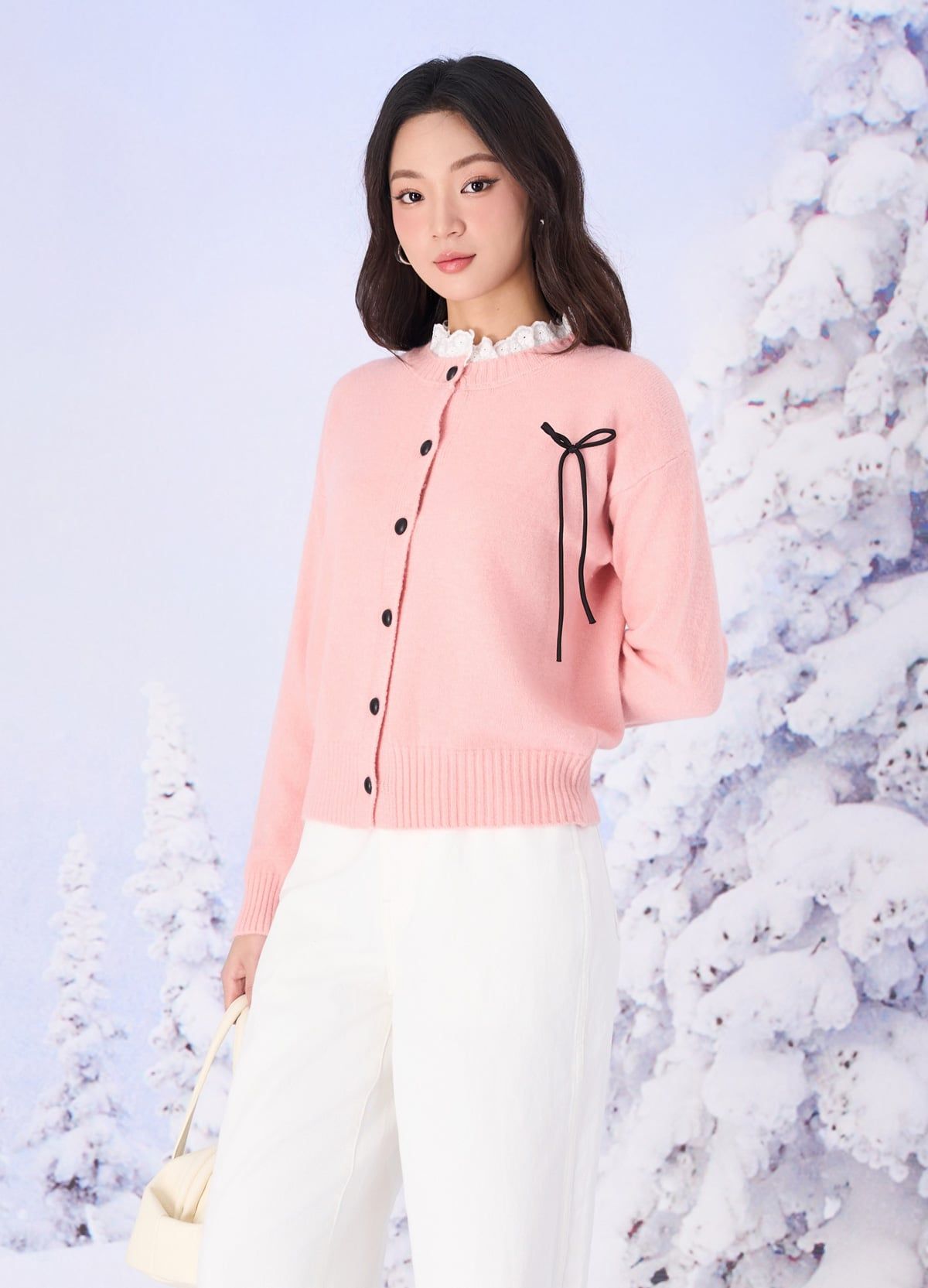 FOL614 - Áo len cao cấp dáng suông cổ phối viền ren ngực áo đính nơ tạo kiểu gấu áo bo chun ôm - PANTIO