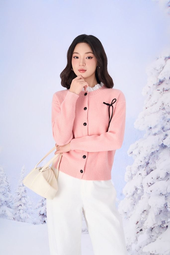 FOL614 - Áo len cao cấp dáng suông cổ phối viền ren ngực áo đính nơ tạo kiểu gấu áo bo chun ôm - PANTIO