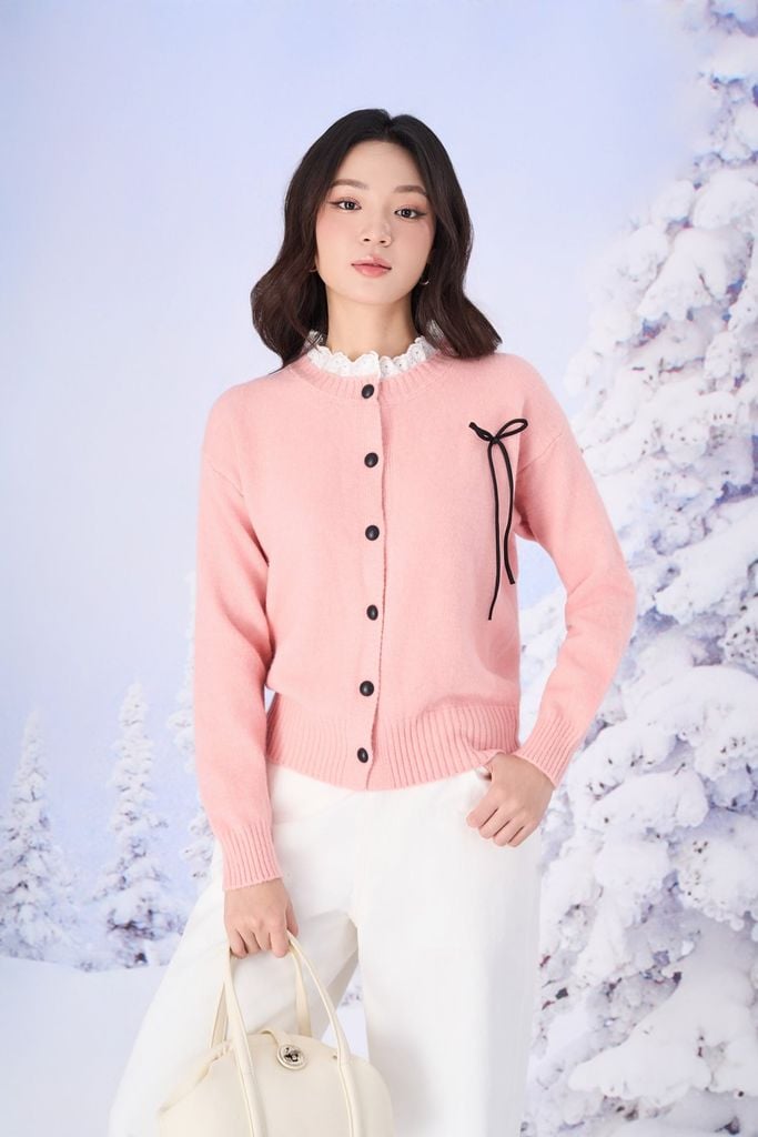 FOL614 - Áo len cao cấp dáng suông cổ phối viền ren ngực áo đính nơ tạo kiểu gấu áo bo chun ôm - PANTIO