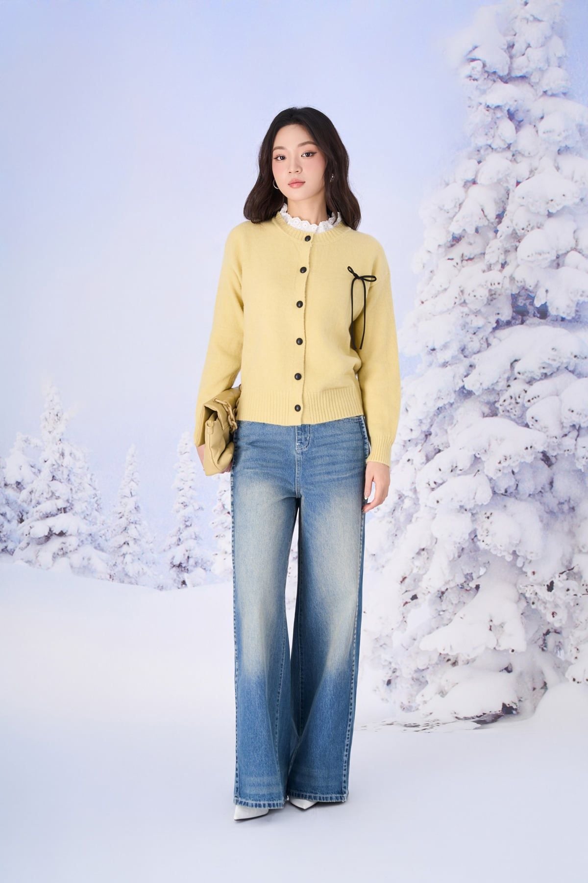 FOL614 - Áo len cao cấp dáng suông cổ phối viền ren ngực áo đính nơ tạo kiểu gấu áo bo chun ôm - PANTIO