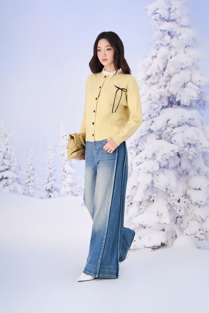 FOL614 - Áo len cao cấp dáng suông cổ phối viền ren ngực áo đính nơ tạo kiểu gấu áo bo chun ôm - PANTIO