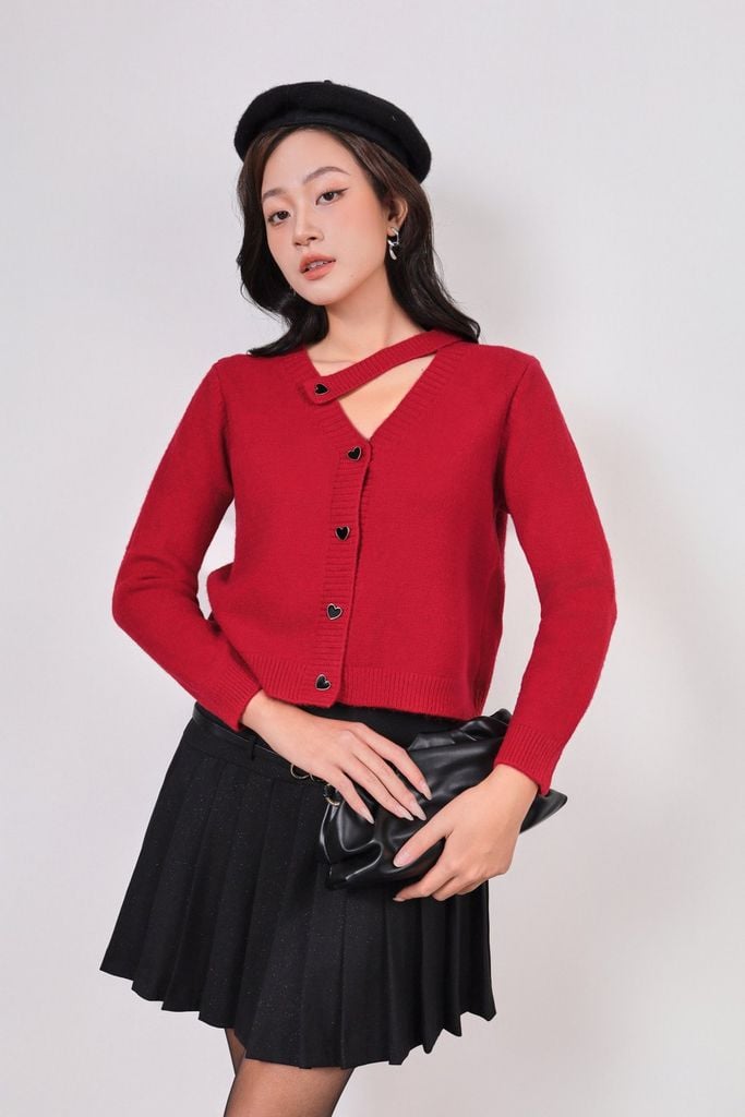 FOL617 - Áo len thời trang cao cấp dáng suông cổ xẻ V phối dây lệch dài tay thân áo phối khuy thời trang - PANTIO