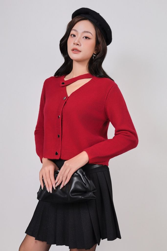 FOL617 - Áo len thời trang cao cấp dáng suông cổ xẻ V phối dây lệch dài tay thân áo phối khuy thời trang - PANTIO