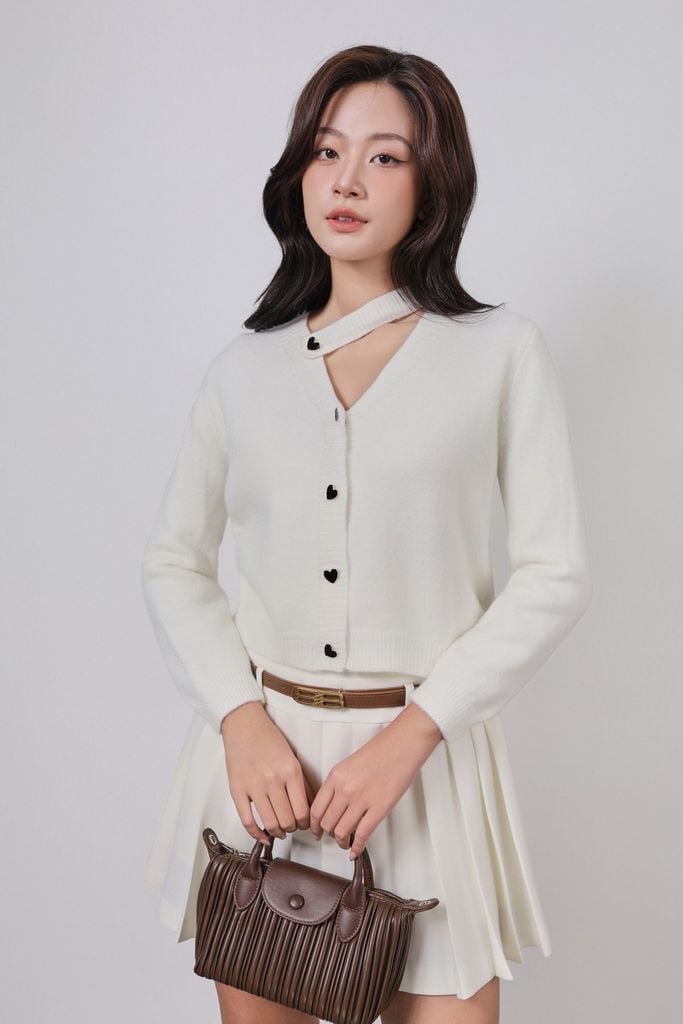 FOL617 - Áo len thời trang cao cấp dáng suông cổ xẻ V phối dây lệch dài tay thân áo phối khuy thời trang - PANTIO