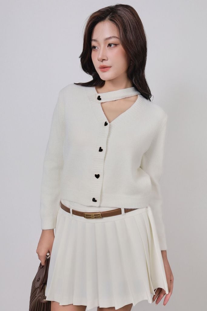 FOL617 - Áo len thời trang cao cấp dáng suông cổ xẻ V phối dây lệch dài tay thân áo phối khuy thời trang - PANTIO