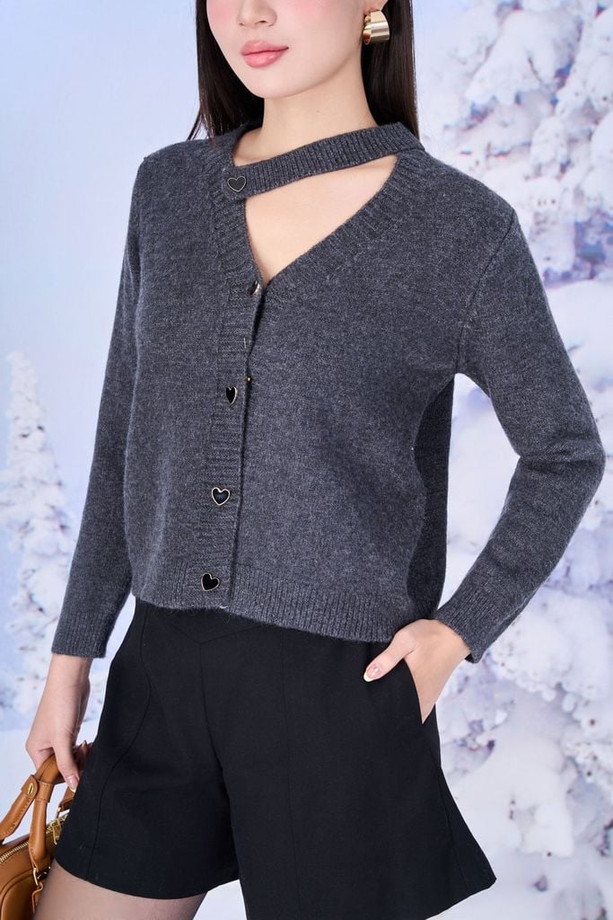 FOL617 - Áo len thời trang cao cấp dáng suông cổ xẻ V phối dây lệch dài tay thân áo phối khuy thời trang - PANTIO