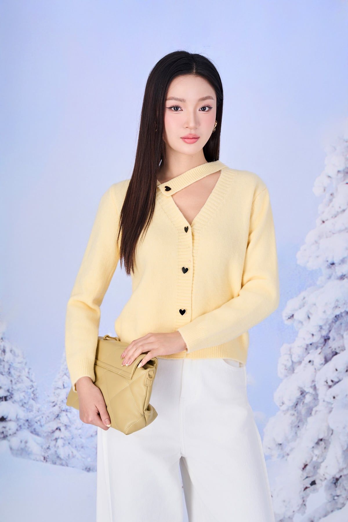 FOL617 - Áo len thời trang cao cấp dáng suông cổ xẻ V phối dây lệch dài tay thân áo phối khuy thời trang - PANTIO