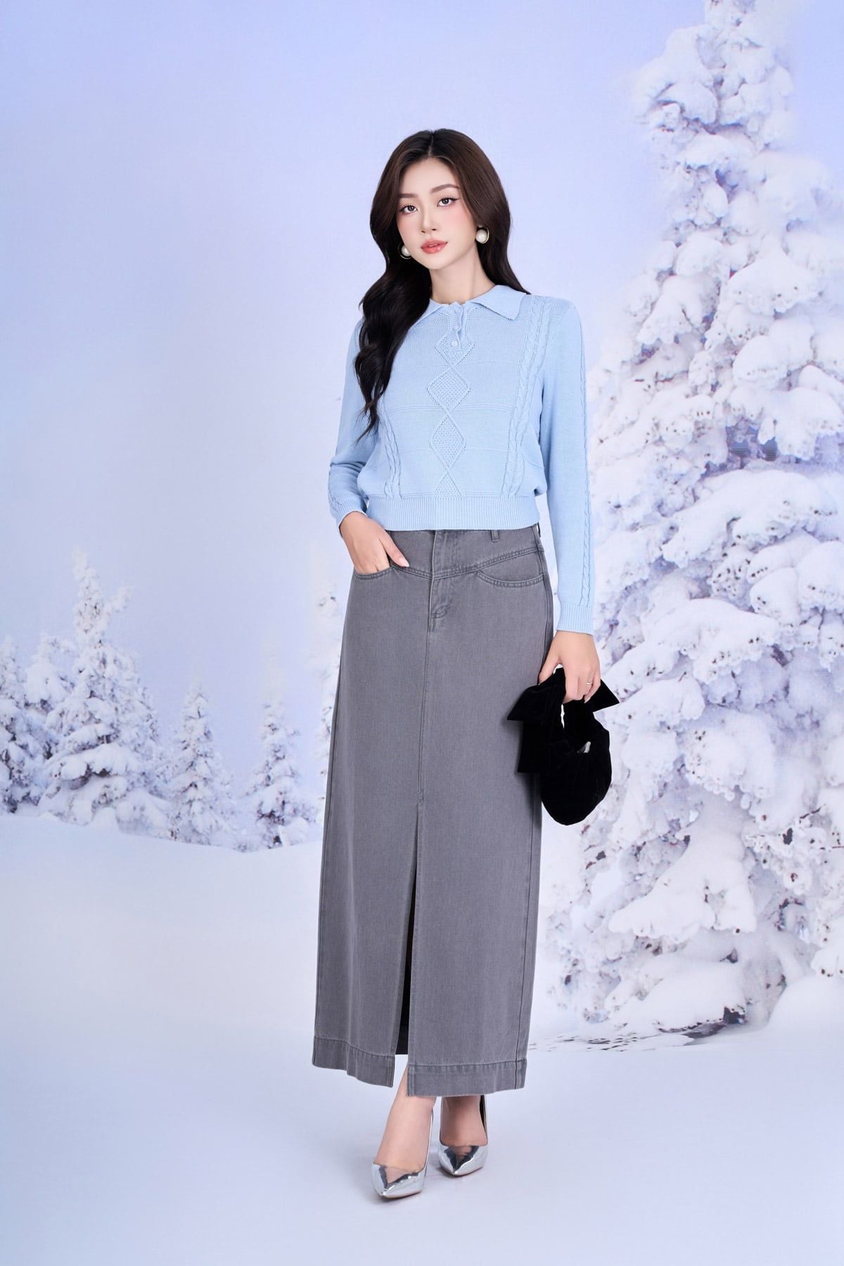 FOL627 - Áo len cao cấp vải len vặn thừng cổ bẻ tay dài gấu áo bo chun ôm tạo kiểu - PANTIO