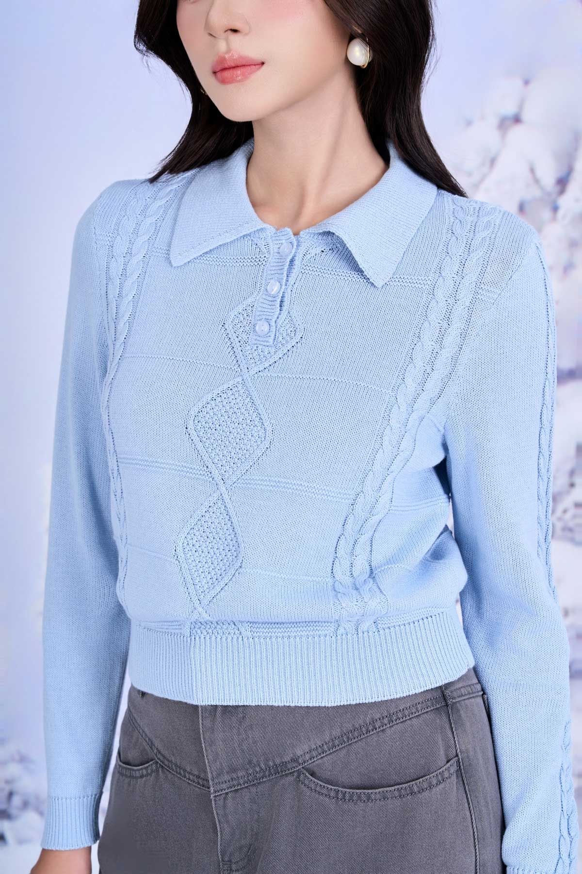 FOL627 - Áo len cao cấp vải len vặn thừng cổ bẻ tay dài gấu áo bo chun ôm tạo kiểu - PANTIO