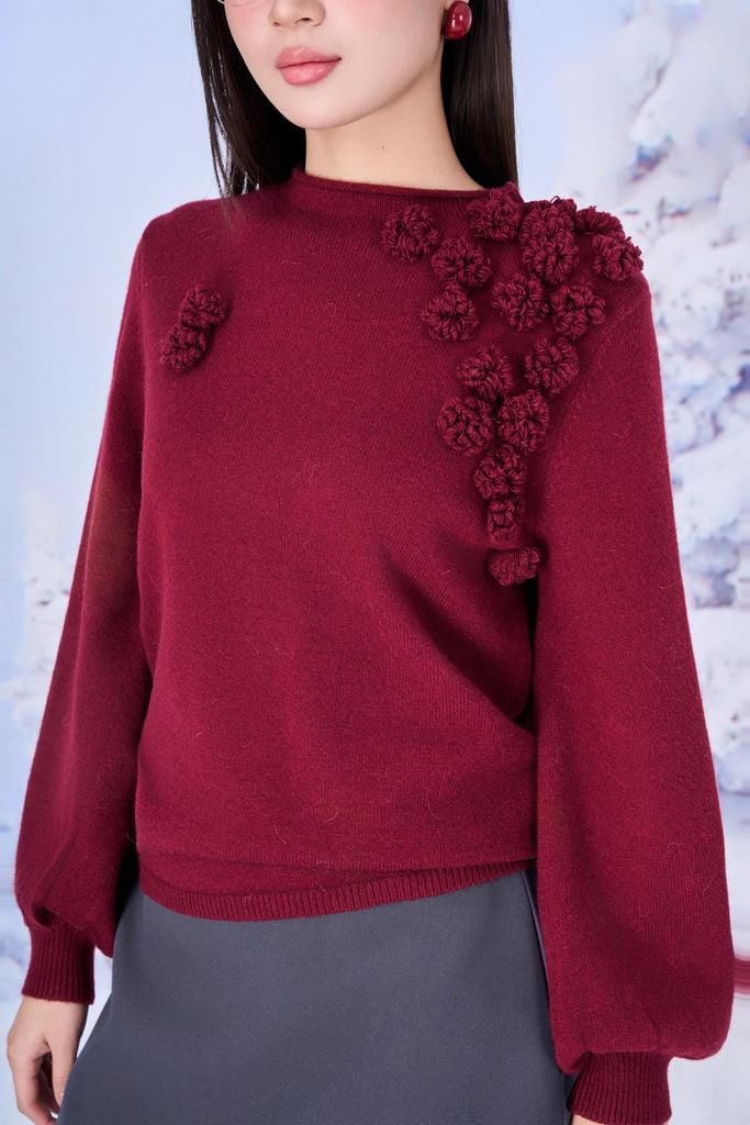 FOL651 - Áo len cao cấp dáng suông cổ tròn vai áo đính hoa thời trang tay phồng bo gấu tạo kiểu - PANTIO