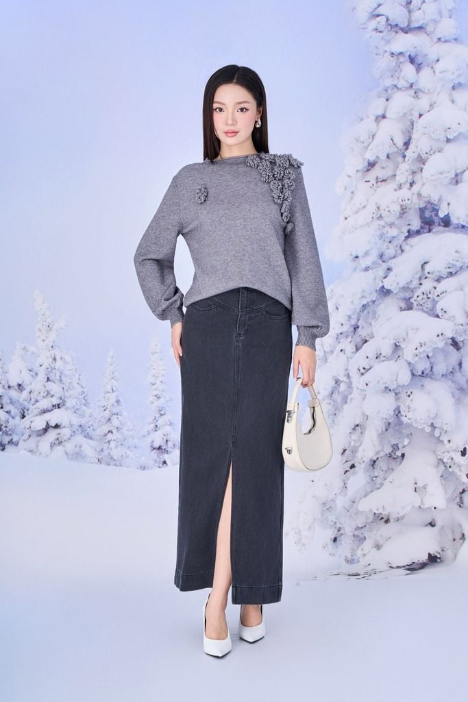 FOL651 - Áo len cao cấp dáng suông cổ tròn vai áo đính hoa thời trang tay phồng bo gấu tạo kiểu - PANTIO