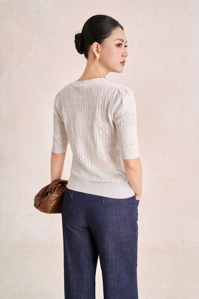 FQD51279 - Quần dài công sở vải denim dáng suông ống rộng cạp cao có túi tạo kiểu - PANTIO