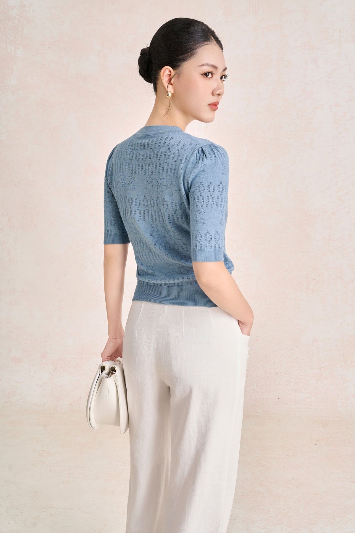 FQD51279 - Quần dài công sở vải denim dáng suông ống rộng cạp cao có túi tạo kiểu - PANTIO