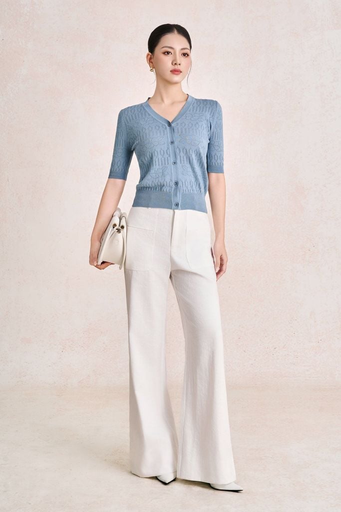 FQD51279 - Quần dài công sở vải denim dáng suông ống rộng cạp cao có túi tạo kiểu - PANTIO