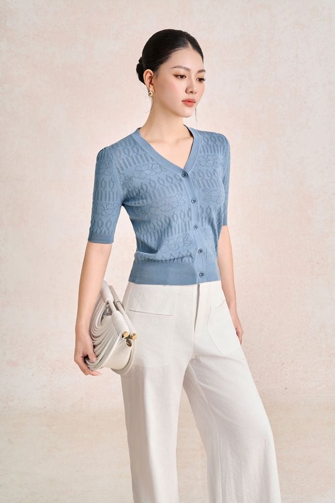 FQD51279 - Quần dài công sở vải denim dáng suông ống rộng cạp cao có túi tạo kiểu - PANTIO