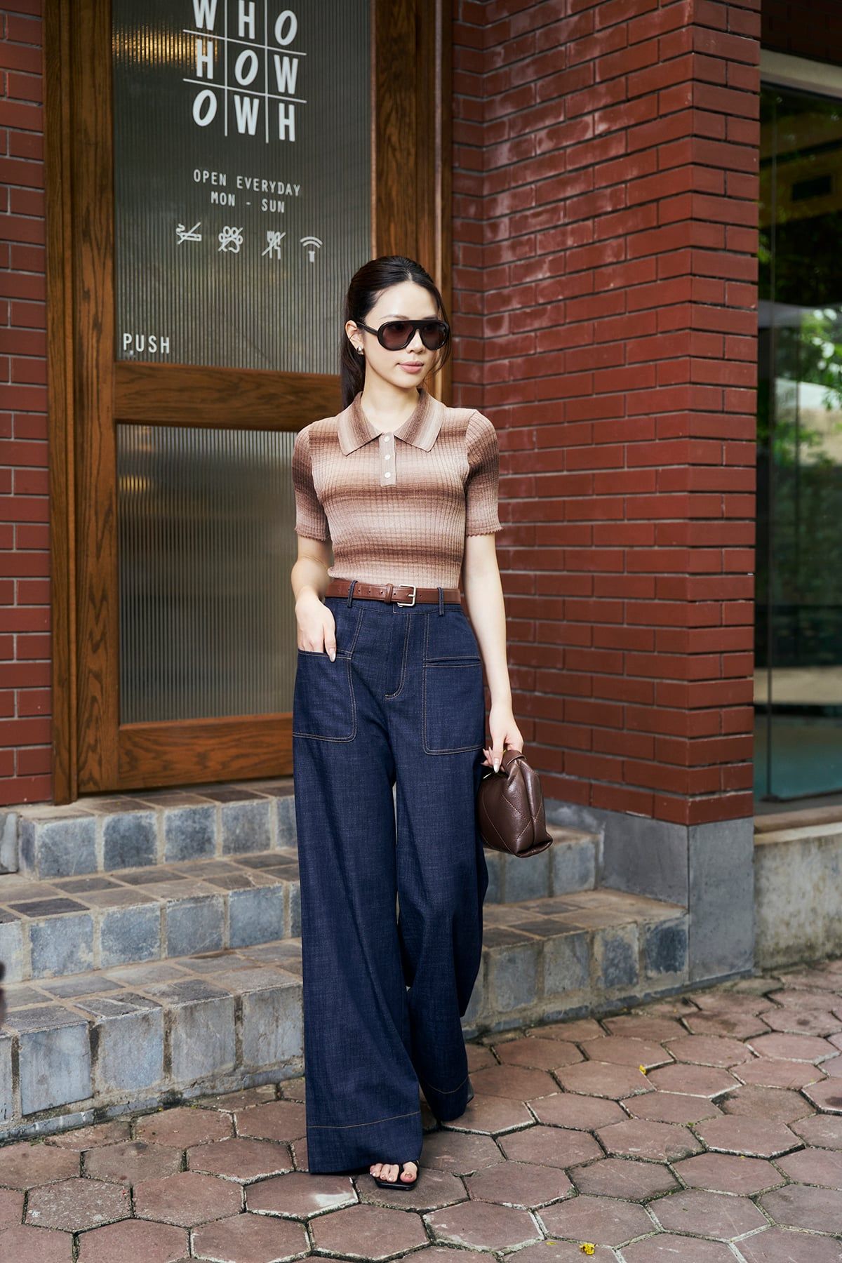 FQD51279 - Quần dài công sở vải denim dáng suông ống rộng cạp cao có túi tạo kiểu - PANTIO