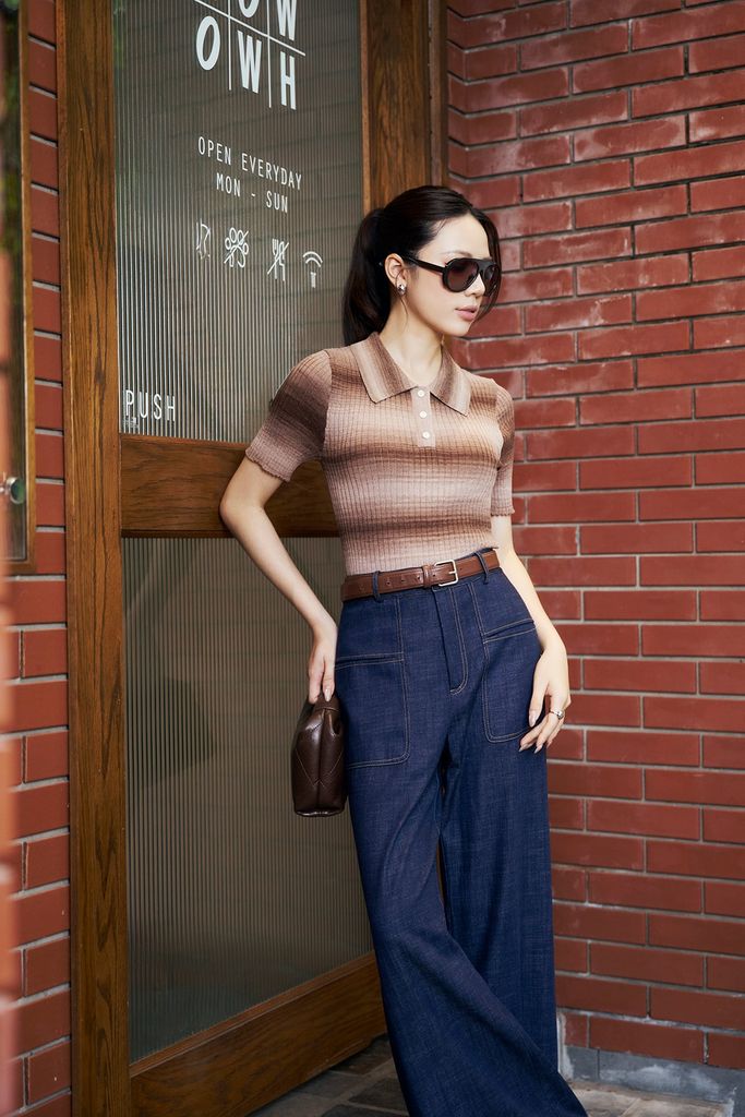 FQD51279 - Quần dài công sở vải denim dáng suông ống rộng cạp cao có túi tạo kiểu - PANTIO