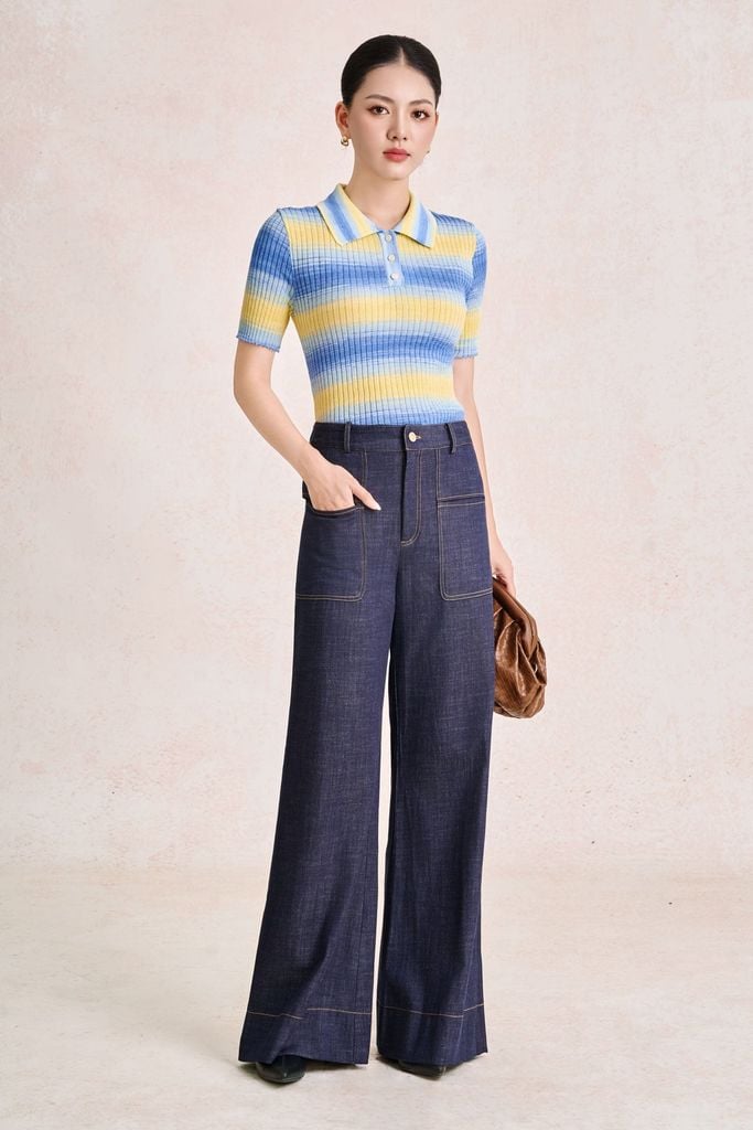 FQD51279 - Quần dài công sở vải denim dáng suông ống rộng cạp cao có túi tạo kiểu - PANTIO