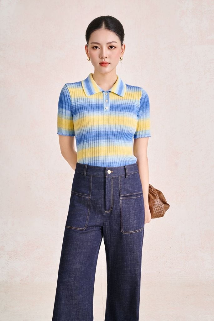 FQD51279 - Quần dài công sở vải denim dáng suông ống rộng cạp cao có túi tạo kiểu - PANTIO
