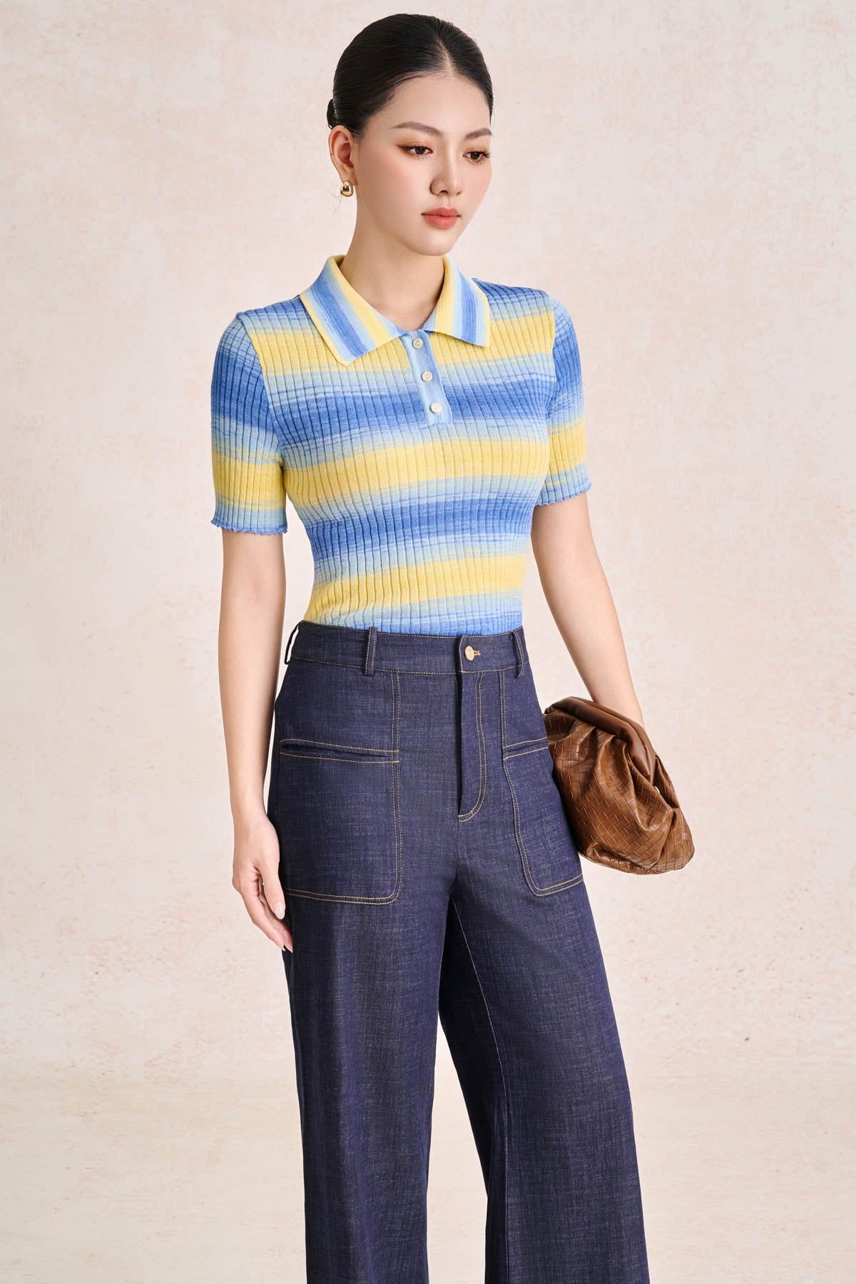 FQD51279 - Quần dài công sở vải denim dáng suông ống rộng cạp cao có túi tạo kiểu - PANTIO