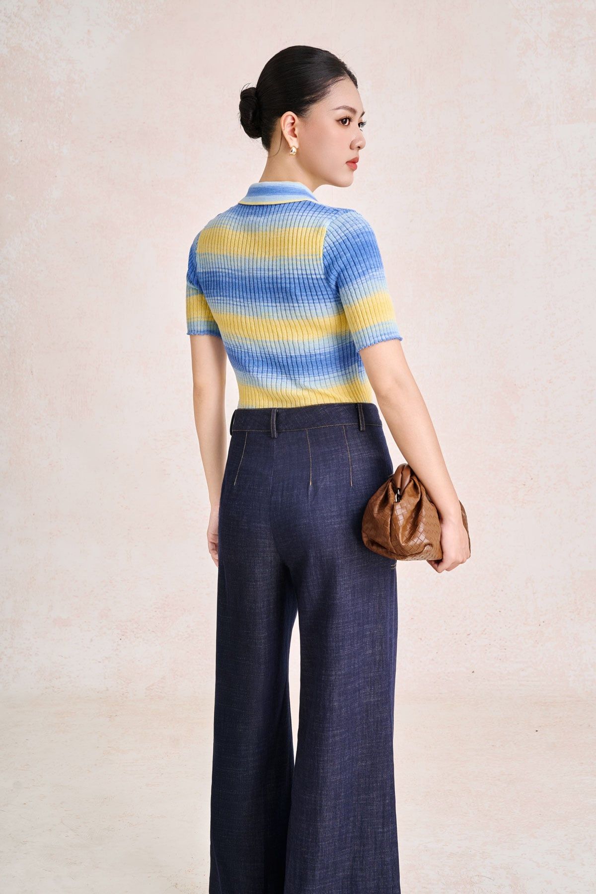 FQD51279 - Quần dài công sở vải denim dáng suông ống rộng cạp cao có túi tạo kiểu - PANTIO
