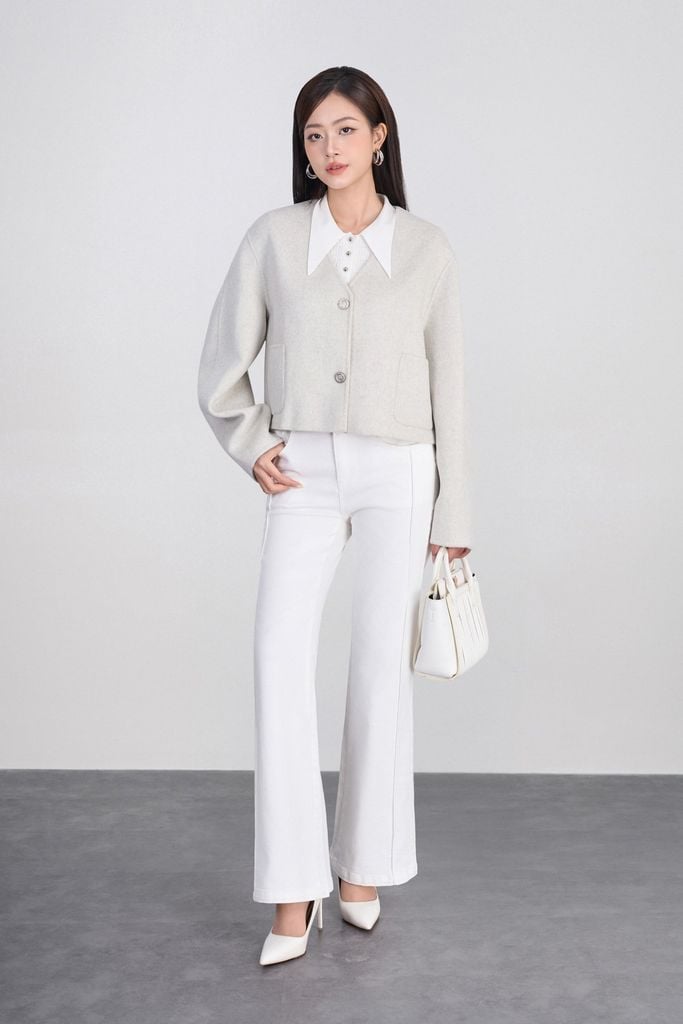 FVO077 - Áo Khoác dạ lông cừu cao cấp dáng lửng cổ V thân áo đính khuy thời trang - PANTIO