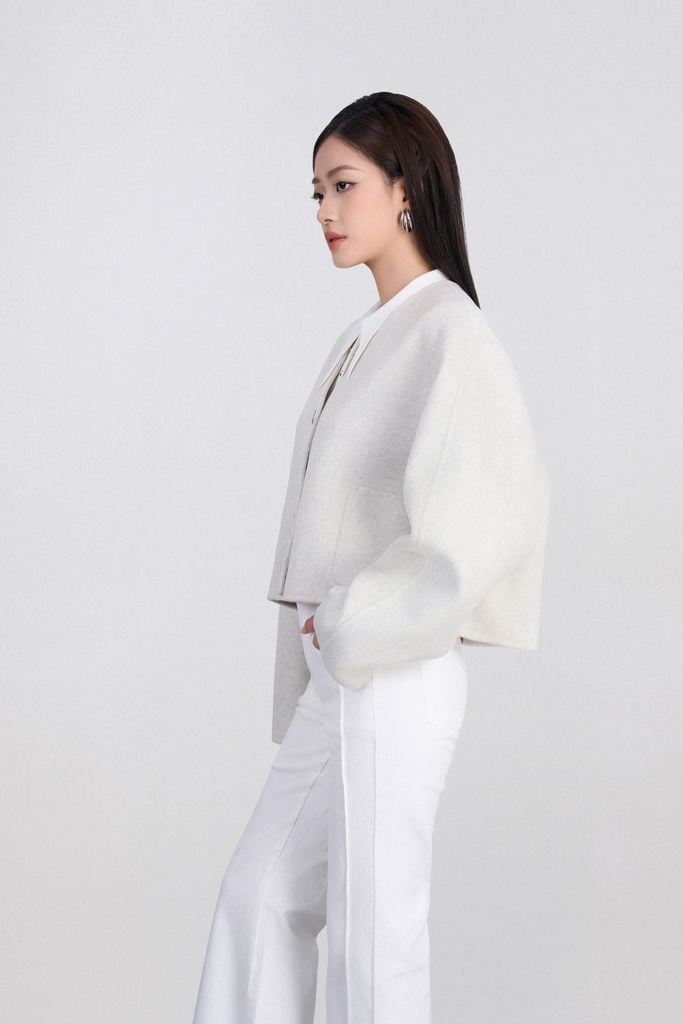 FVO077 - Áo Khoác dạ lông cừu cao cấp dáng lửng cổ V thân áo đính khuy thời trang - PANTIO