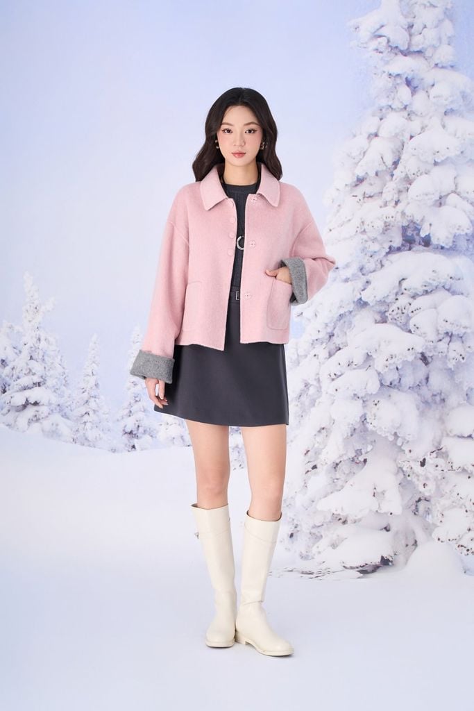 FVO081 - Áo khoác dạ ép lông cừu cao cấp dáng suông ngắn cổ bẻ phối khuy bọc thời trang thân áo có túi hộp tạo kiểu - PANTIO