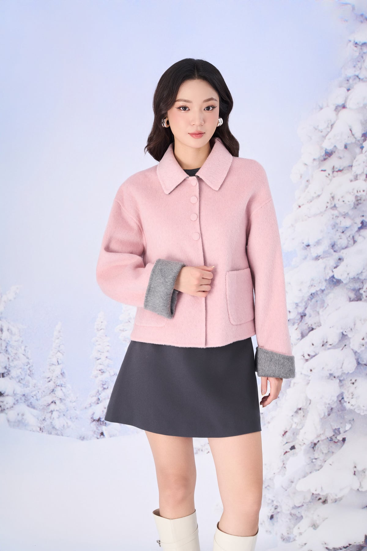 FVO081 - Áo khoác dạ ép lông cừu cao cấp dáng suông ngắn cổ bẻ phối khuy bọc thời trang thân áo có túi hộp tạo kiểu - PANTIO