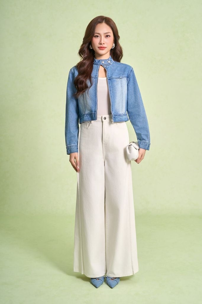 FVO084 - Áo khoác denim cao cấp dáng ngắn cổ cao tay dài thân áo phối khóa kim loại tạo kiểu - PANTIO