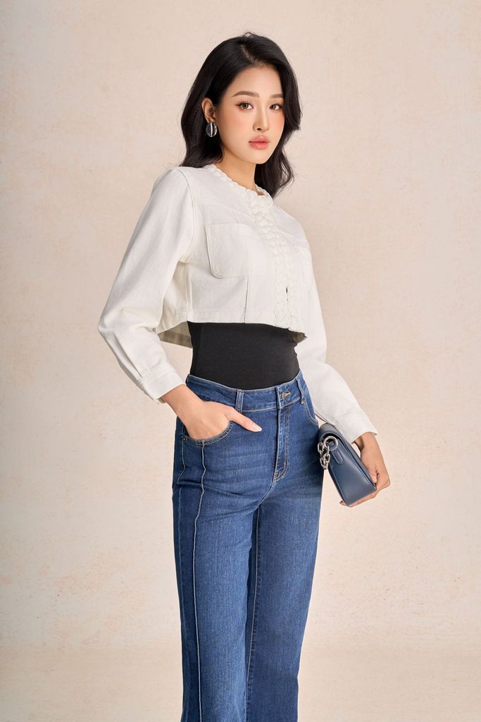 FVO085 - Áo khoác jean dáng croptop cổ tròn tay dài thân áo có túi tạo kiểu - PANTIO