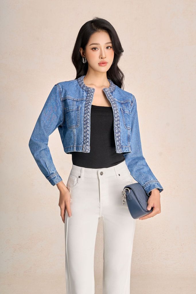 FVO085 - Áo khoác jean dáng croptop cổ tròn tay dài thân áo có túi tạo kiểu - PANTIO