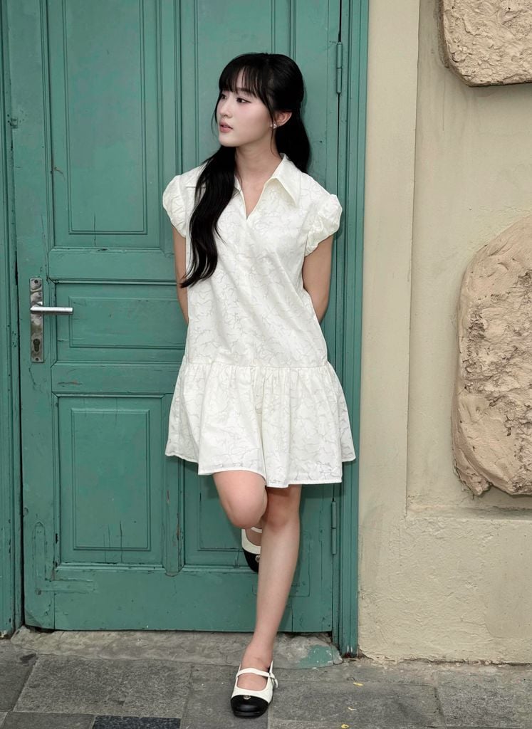 FDP33793 - tylekeo88 tv vải tơ dáng suông cổ bẻ thân váy phối vạt nhún tạo xoè - JAN.